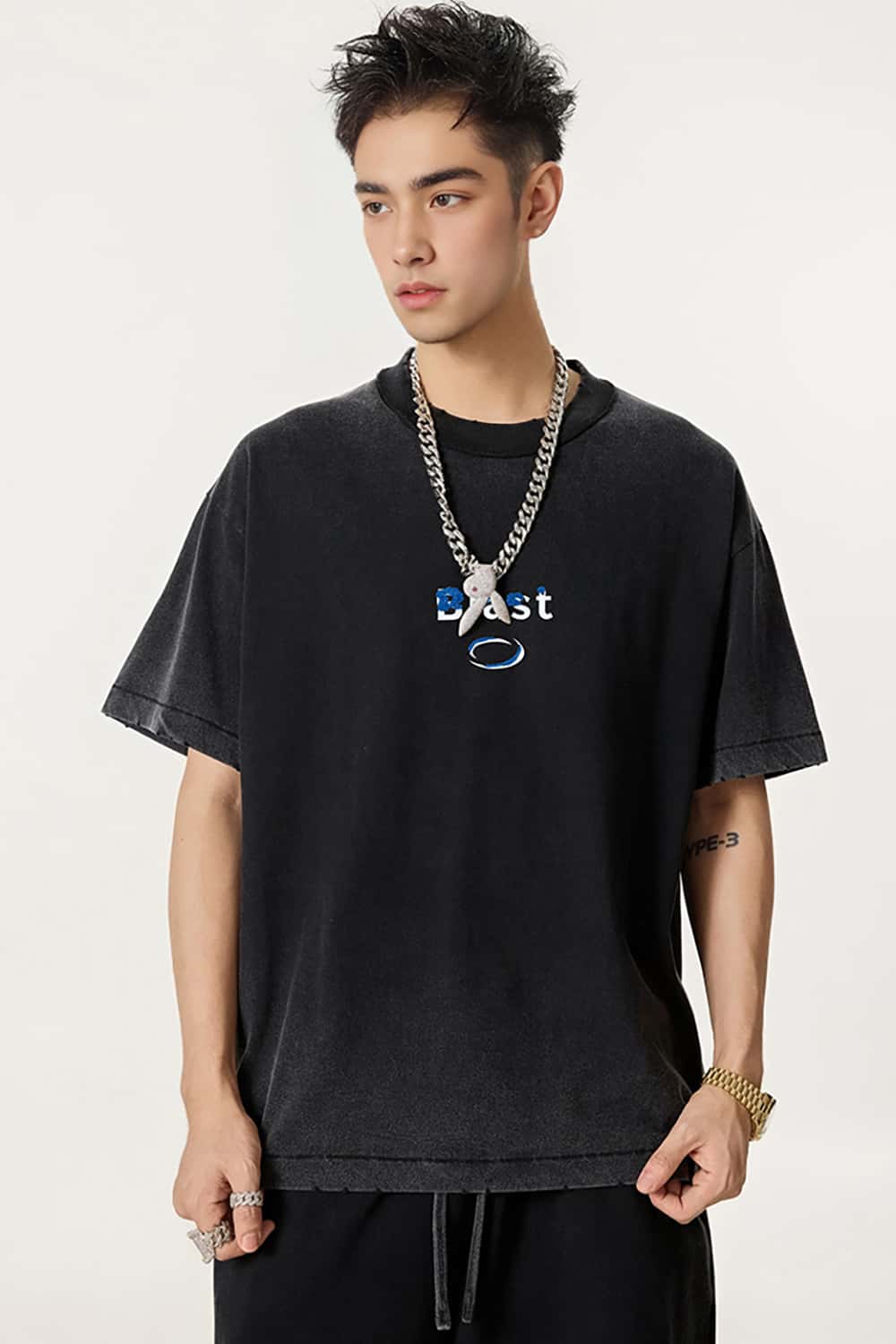 Heavyweight Embroidered Towel Patch Distressed Short Sleeve T-Shirt