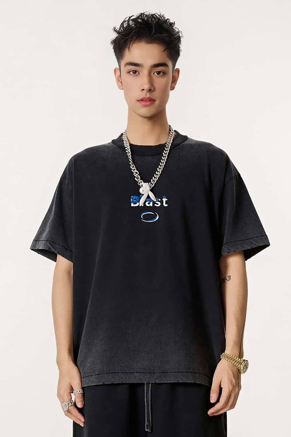 Heavyweight Embroidered Towel Patch Distressed Short Sleeve T-Shirt