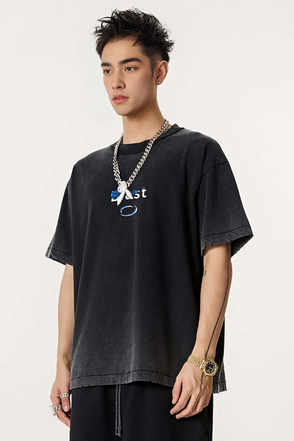 Heavyweight Embroidered Towel Patch Distressed Short Sleeve T-Shirt
