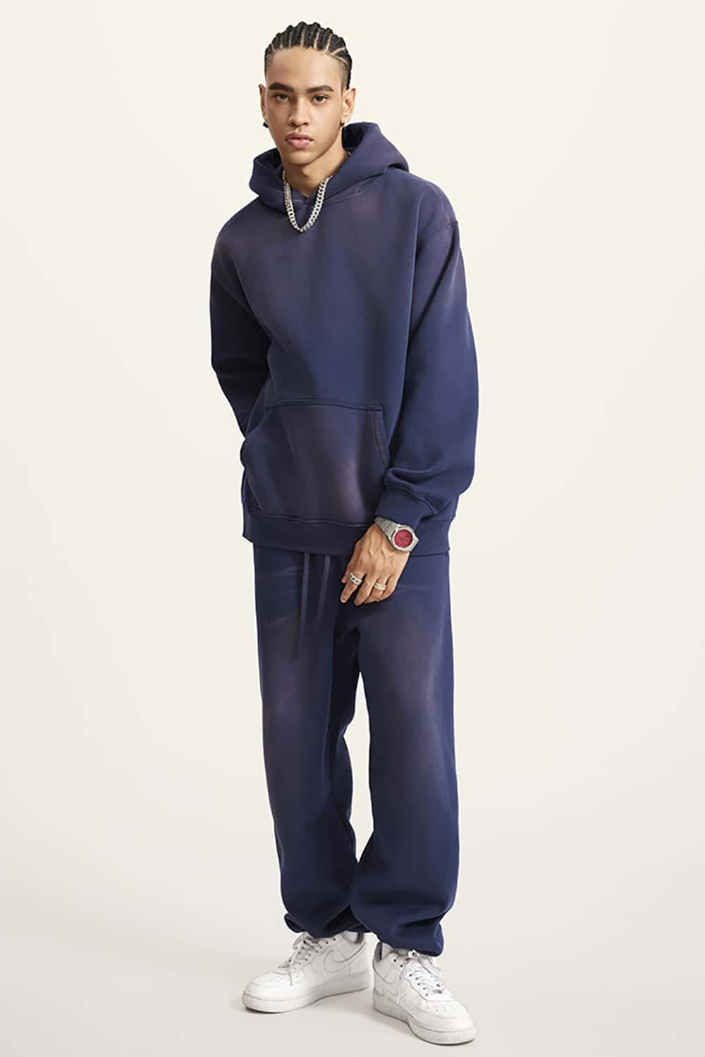 High Street Heavy-Duty Washed Hoodie with Vintage Gradient and Fleece Lining