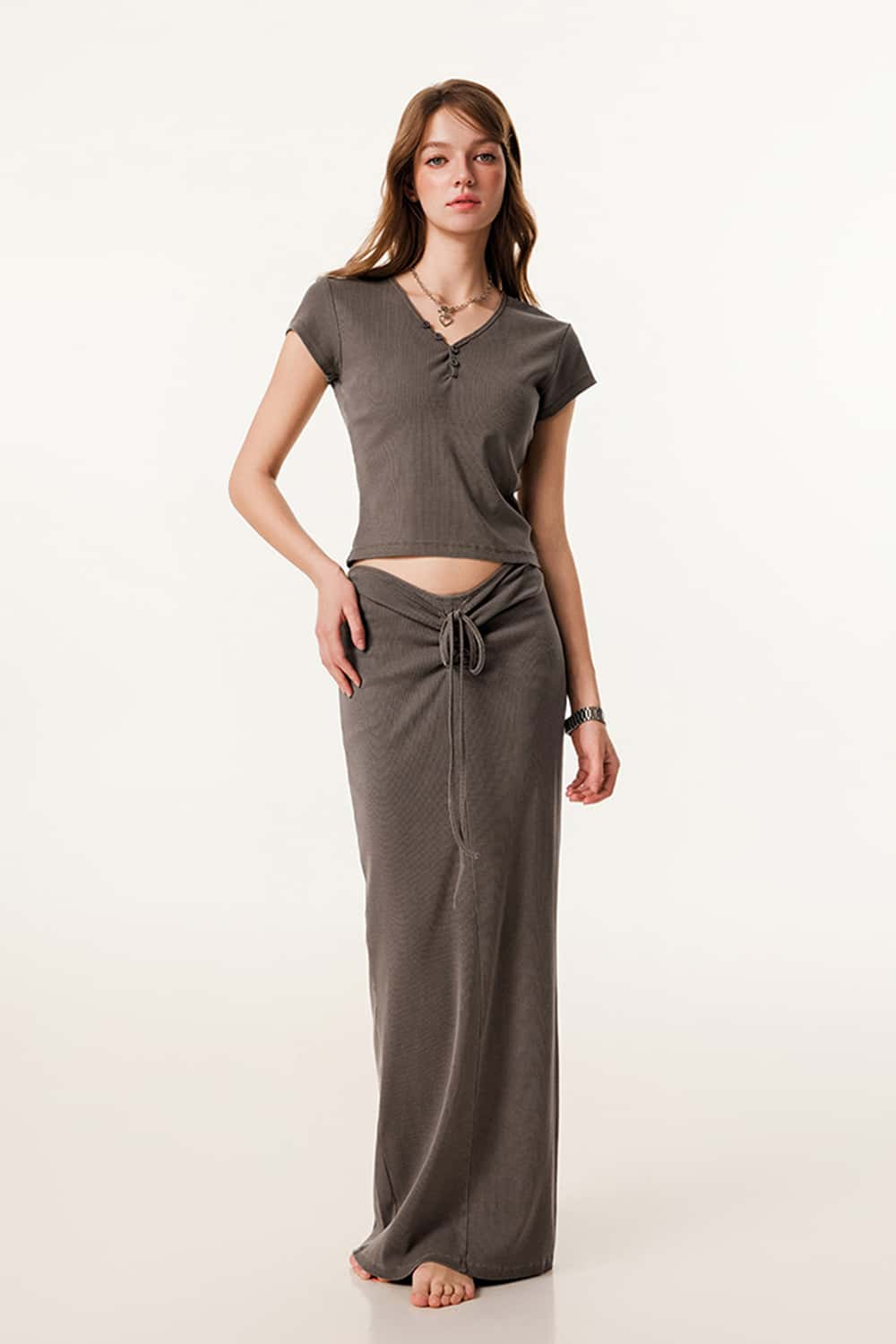 Buttoned V-Neck Straight-Shoulder Short Sleeve T-Shirt