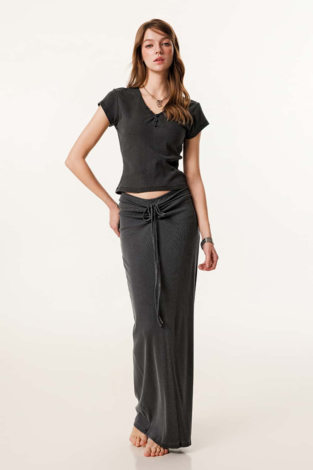 Buttoned V-Neck Straight-Shoulder Short Sleeve T-Shirt