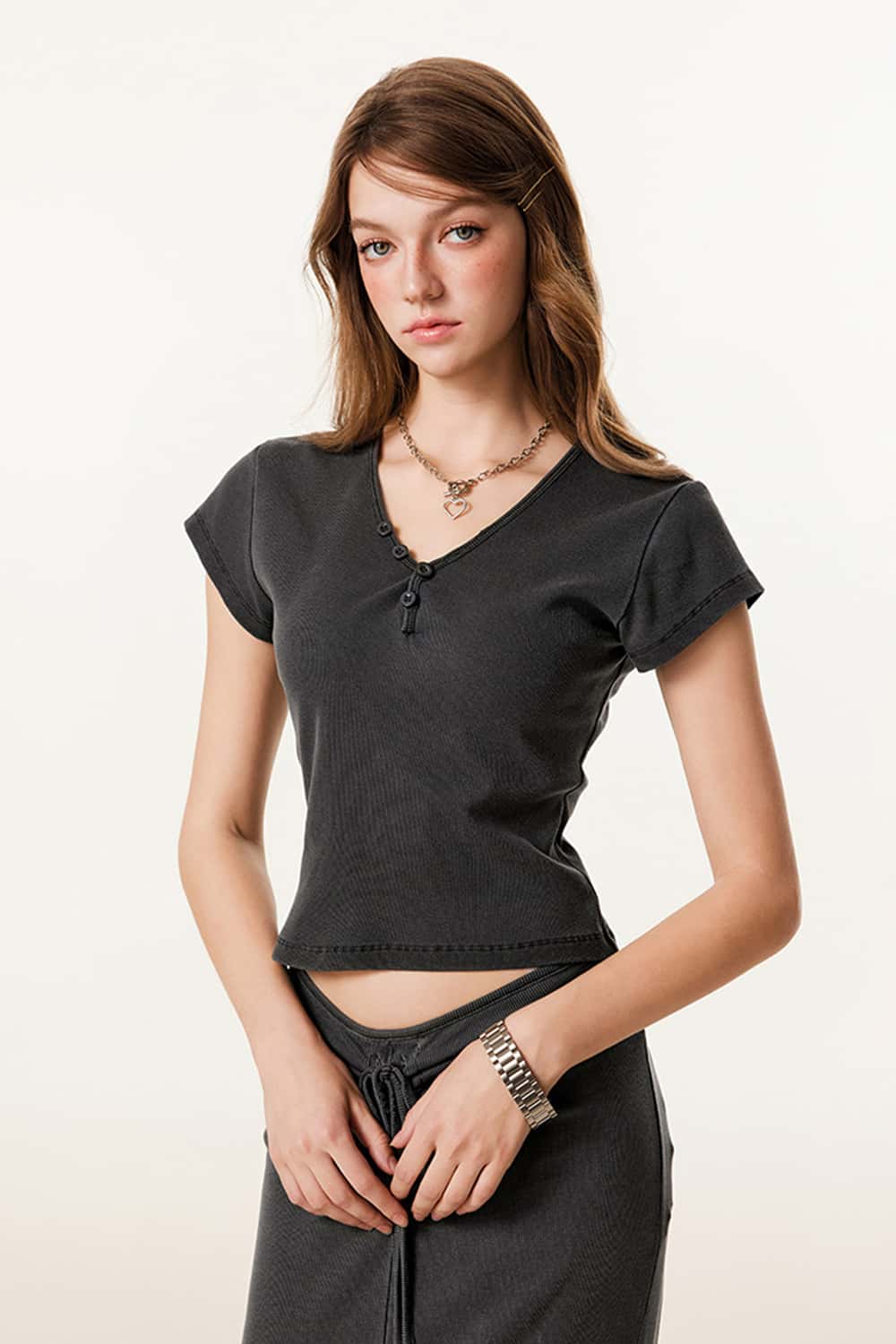 Buttoned V-Neck Straight-Shoulder Short Sleeve T-Shirt
