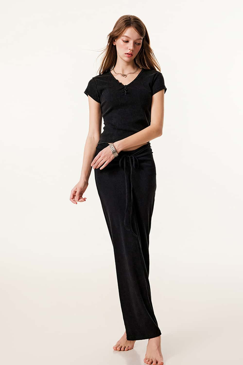 Buttoned V-Neck Straight-Shoulder Short Sleeve T-Shirt
