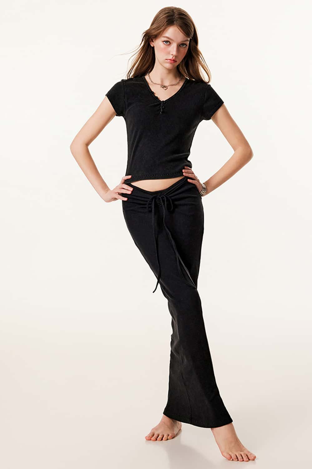 Buttoned V-Neck Straight-Shoulder Short Sleeve T-Shirt