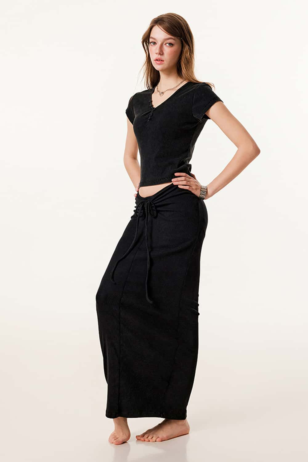 Buttoned V-Neck Straight-Shoulder Short Sleeve T-Shirt
