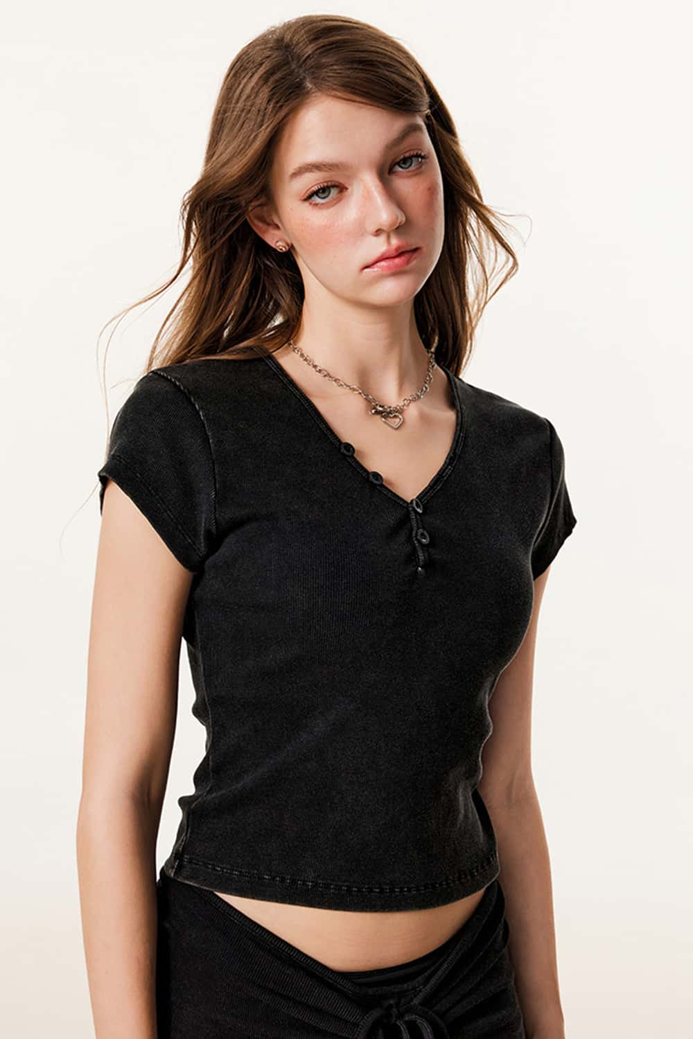 Buttoned V-Neck Straight-Shoulder Short Sleeve T-Shirt