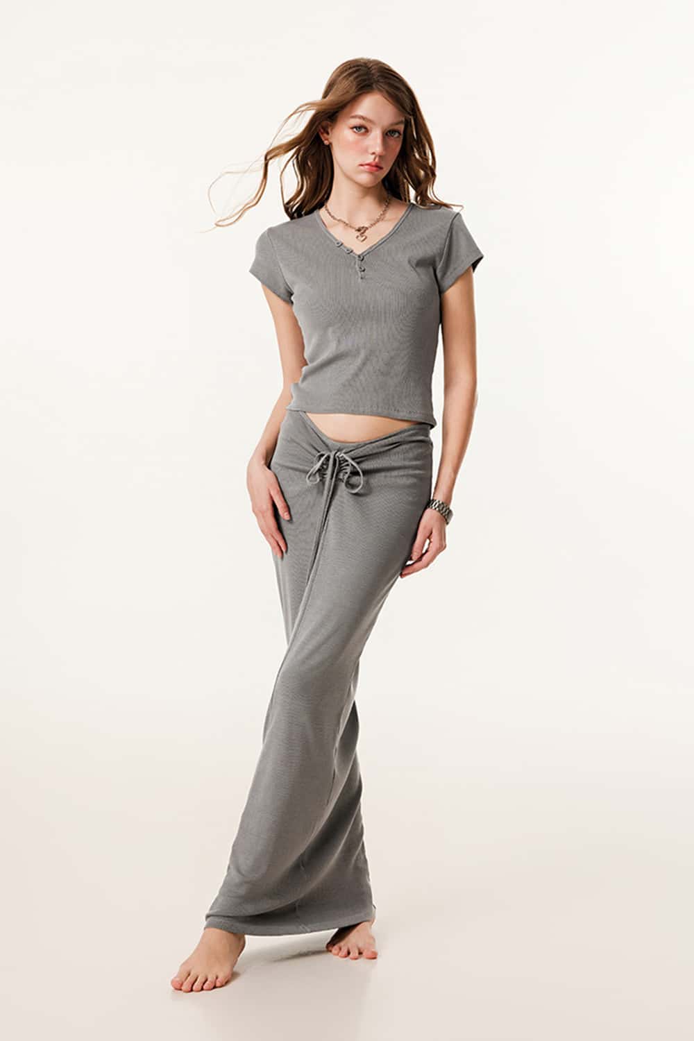 Buttoned V-Neck Straight-Shoulder Short Sleeve T-Shirt