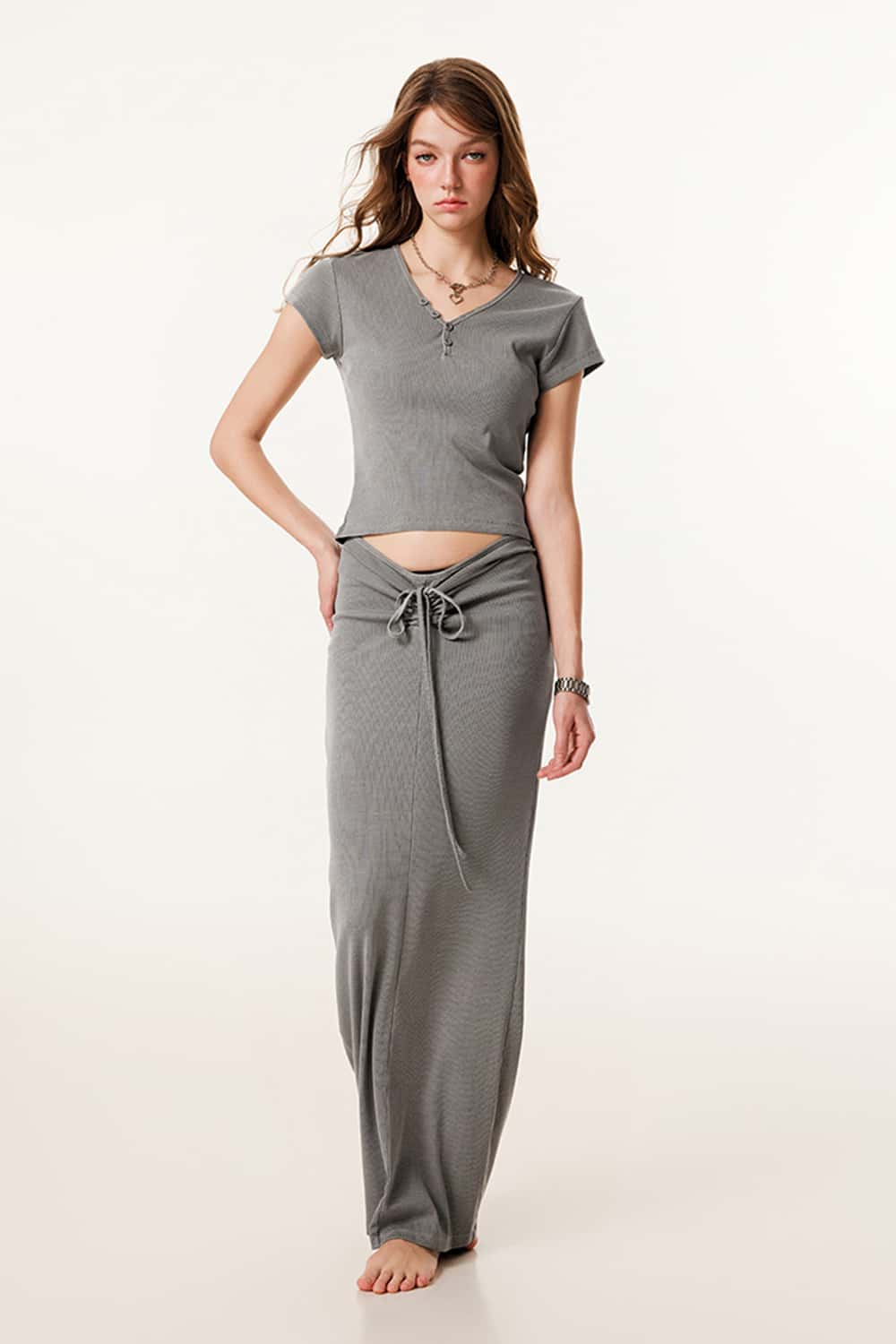 Buttoned V-Neck Straight-Shoulder Short Sleeve T-Shirt