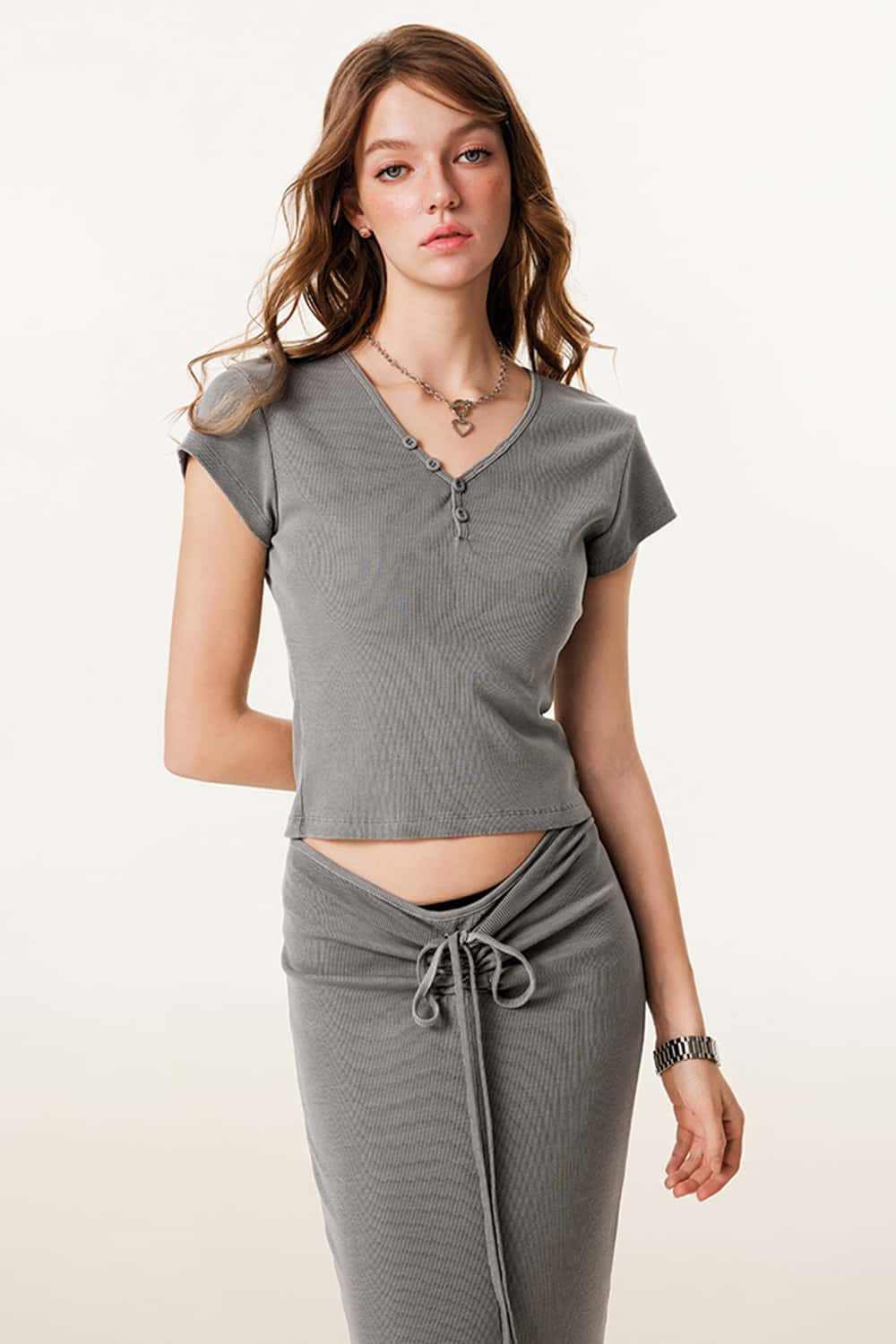 Buttoned V-Neck Straight-Shoulder Short Sleeve T-Shirt