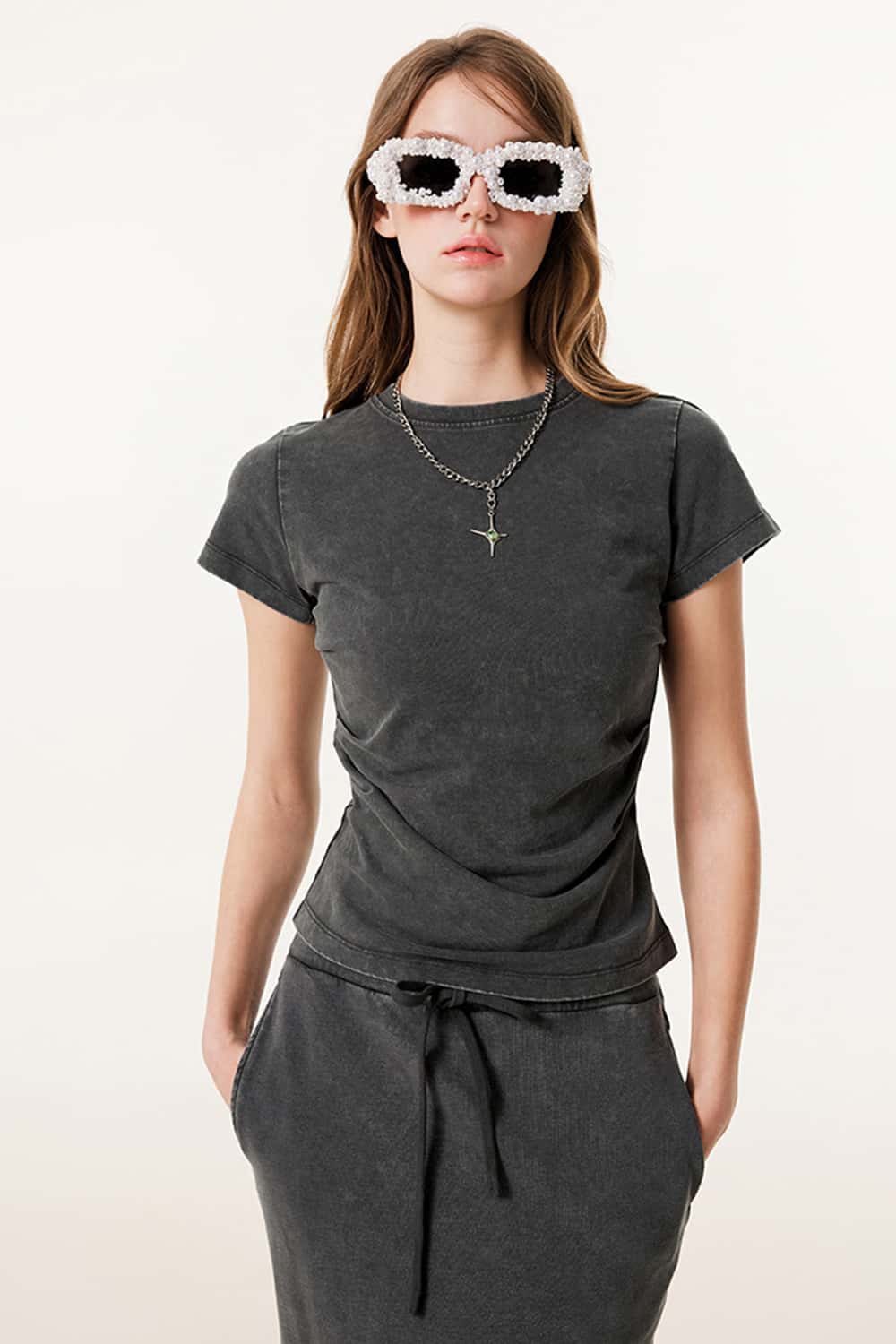 Ruched Waist Straight-Shoulder Washed Short Sleeve T-Shirt