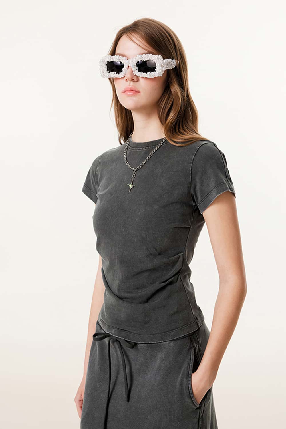 Ruched Waist Straight-Shoulder Washed Short Sleeve T-Shirt