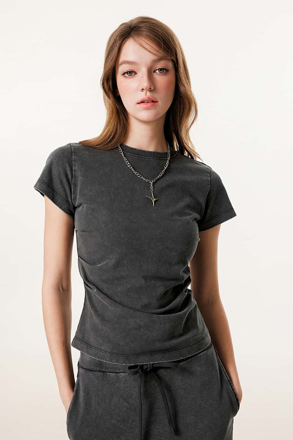 Ruched Waist Straight-Shoulder Washed Short Sleeve T-Shirt