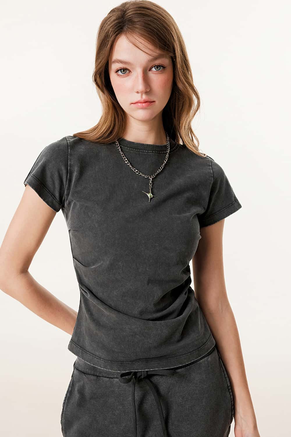 Ruched Waist Straight-Shoulder Washed Short Sleeve T-Shirt