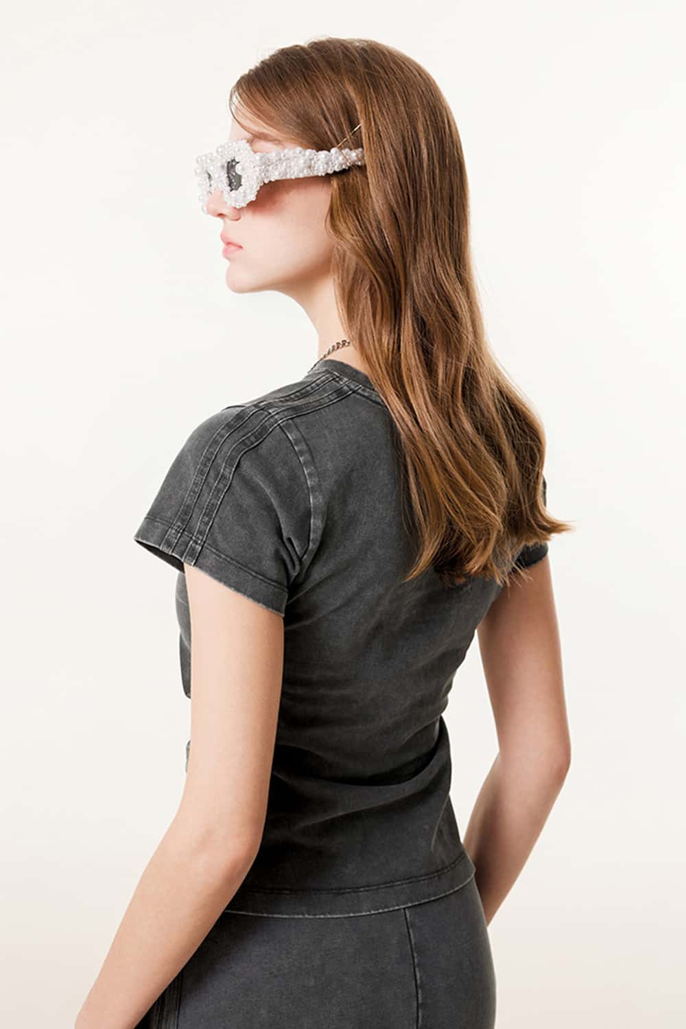Ruched Waist Straight-Shoulder Washed Short Sleeve T-Shirt