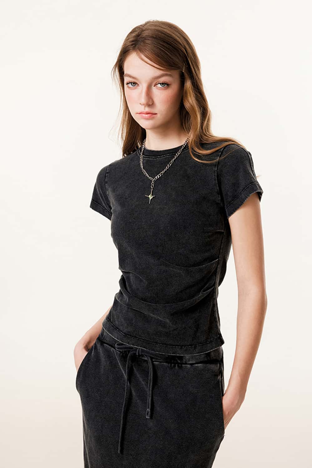 Ruched Waist Straight-Shoulder Washed Short Sleeve T-Shirt