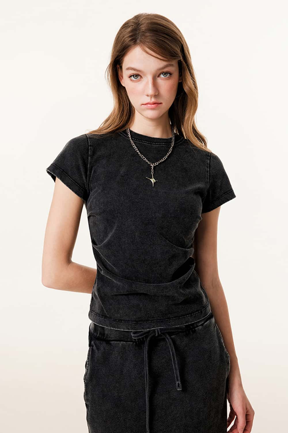 Ruched Waist Straight-Shoulder Washed Short Sleeve T-Shirt