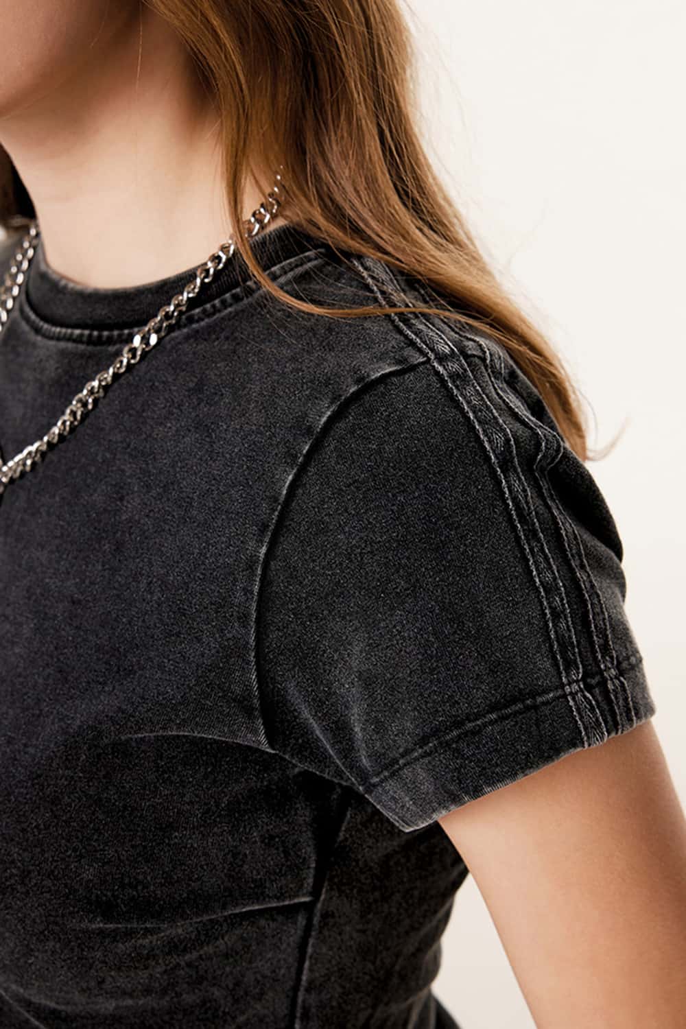 Ruched Waist Straight-Shoulder Washed Short Sleeve T-Shirt