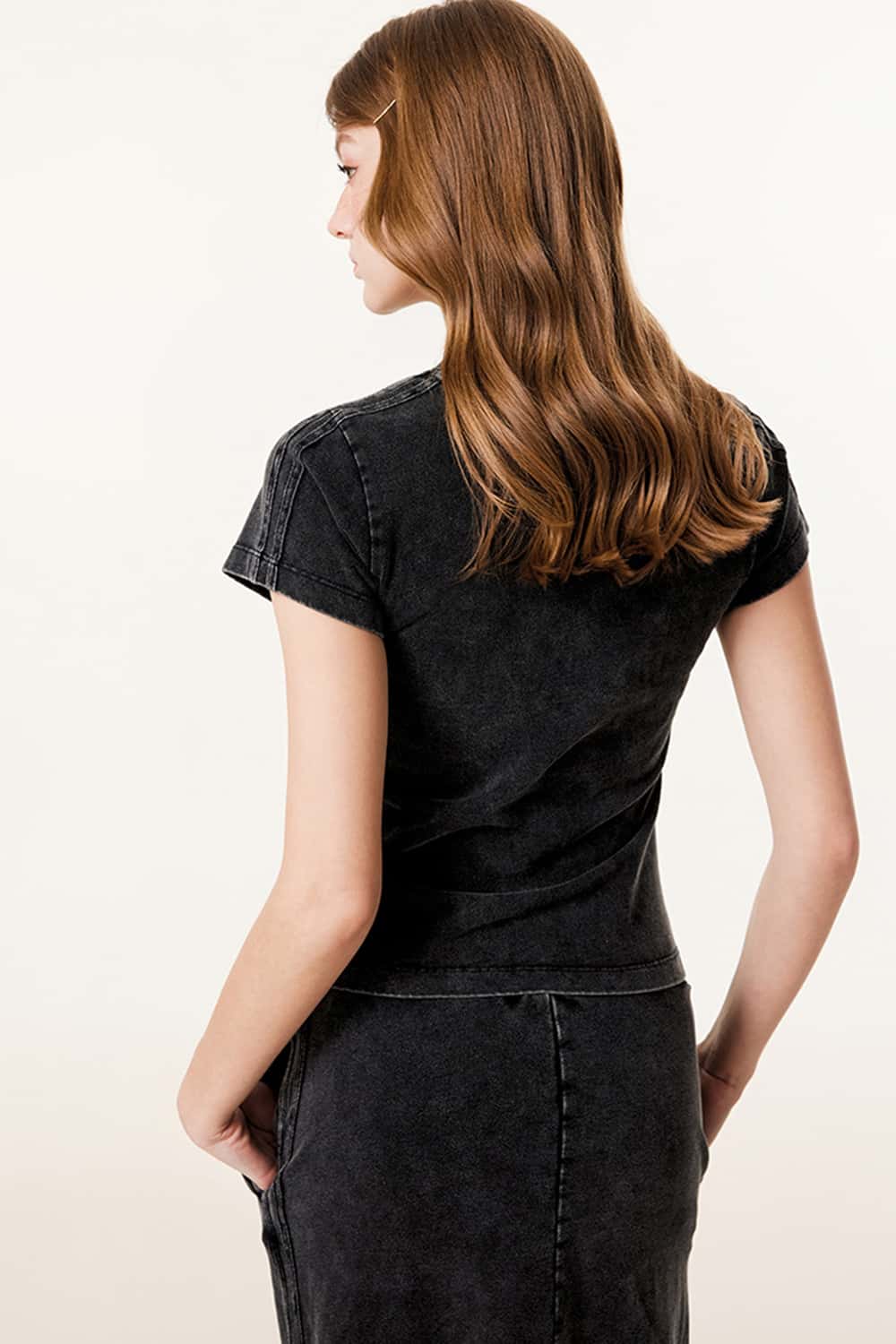Ruched Waist Straight-Shoulder Washed Short Sleeve T-Shirt