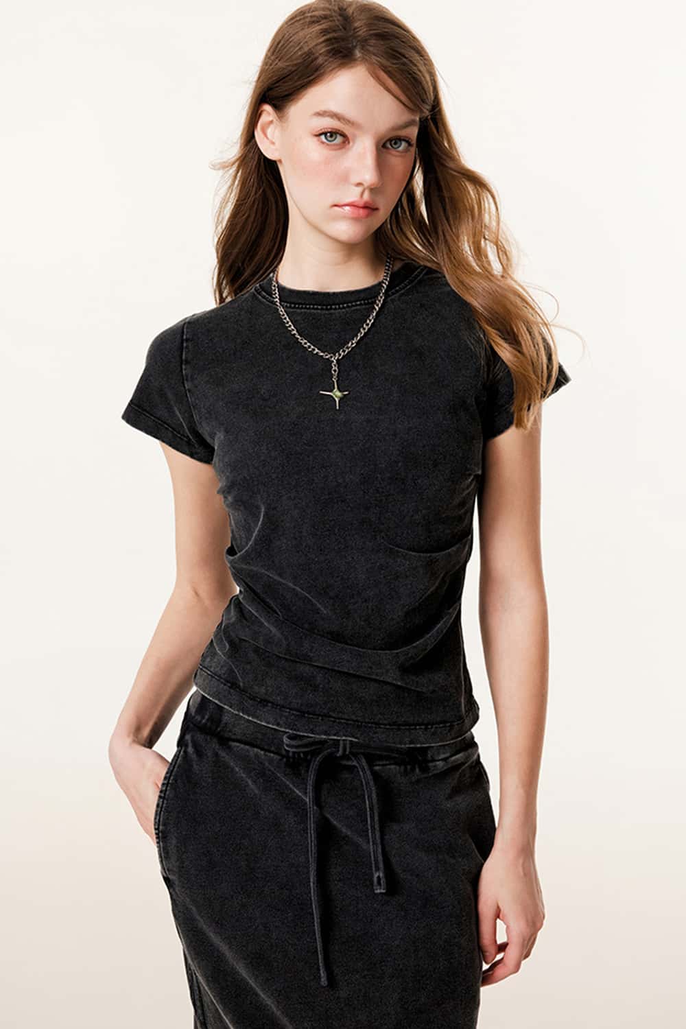 Ruched Waist Straight-Shoulder Washed Short Sleeve T-Shirt