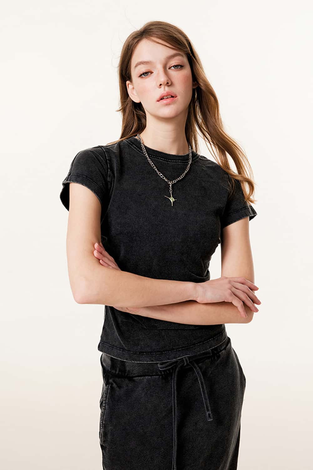 Ruched Waist Straight-Shoulder Washed Short Sleeve T-Shirt