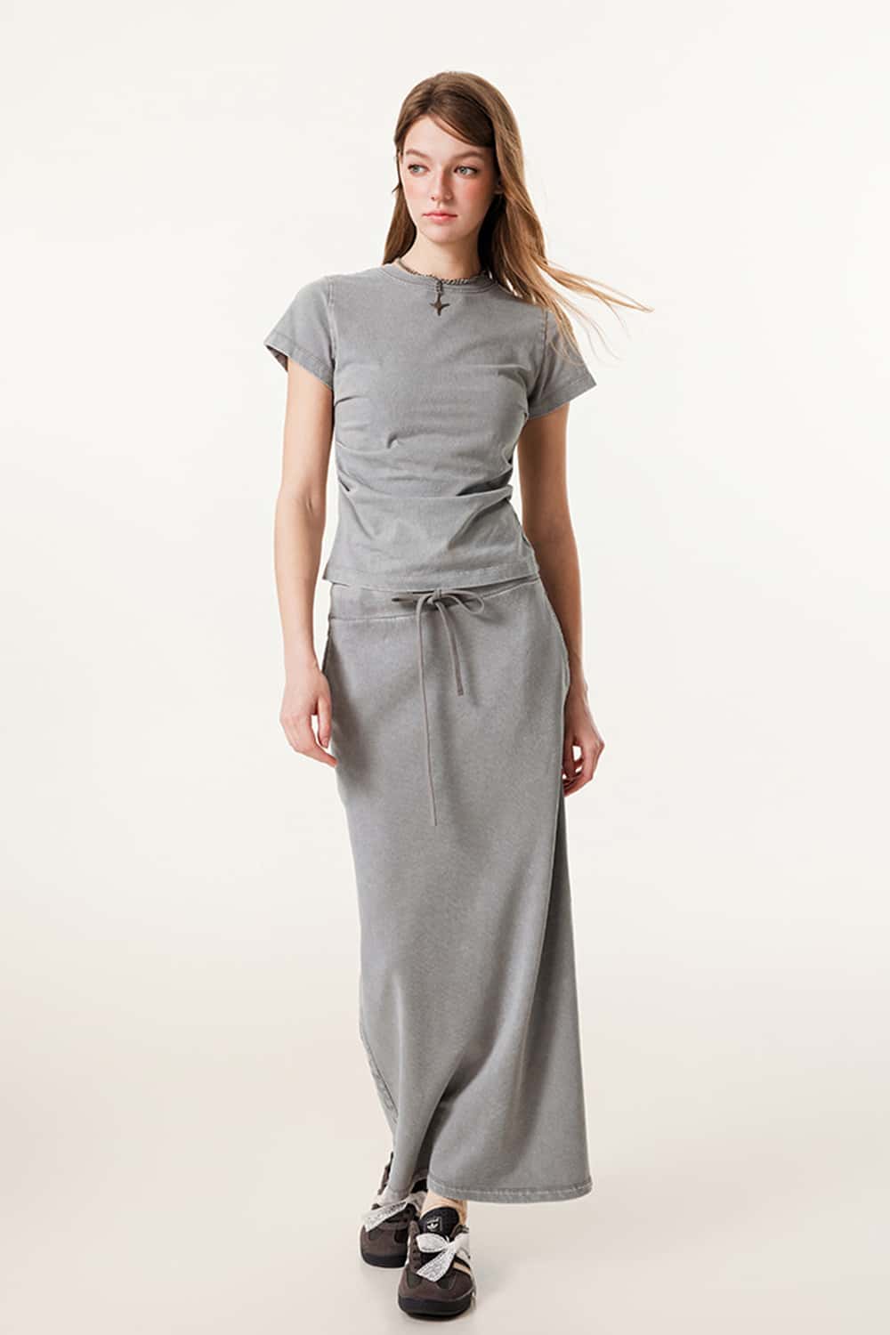 Ruched Waist Straight-Shoulder Washed Short Sleeve T-Shirt