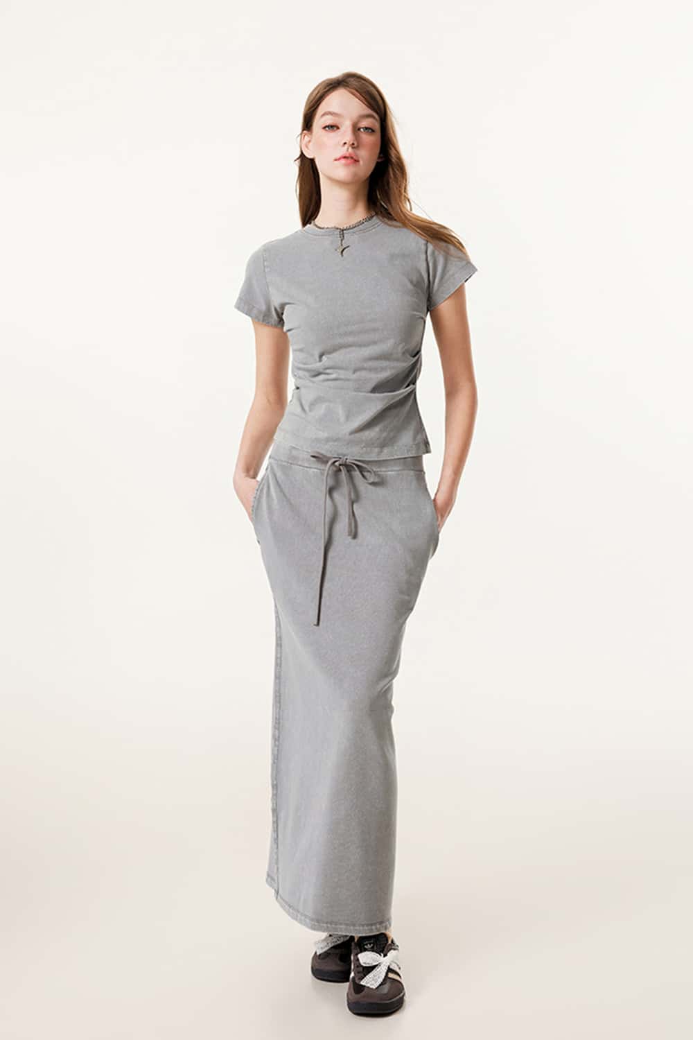 Ruched Waist Straight-Shoulder Washed Short Sleeve T-Shirt