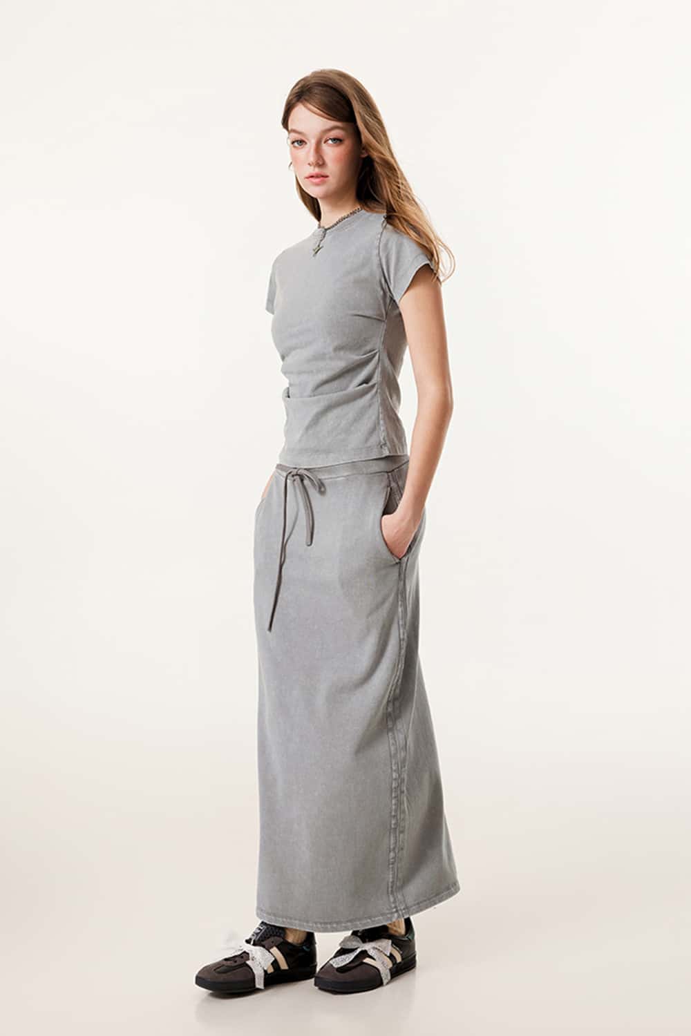 Ruched Waist Straight-Shoulder Washed Short Sleeve T-Shirt