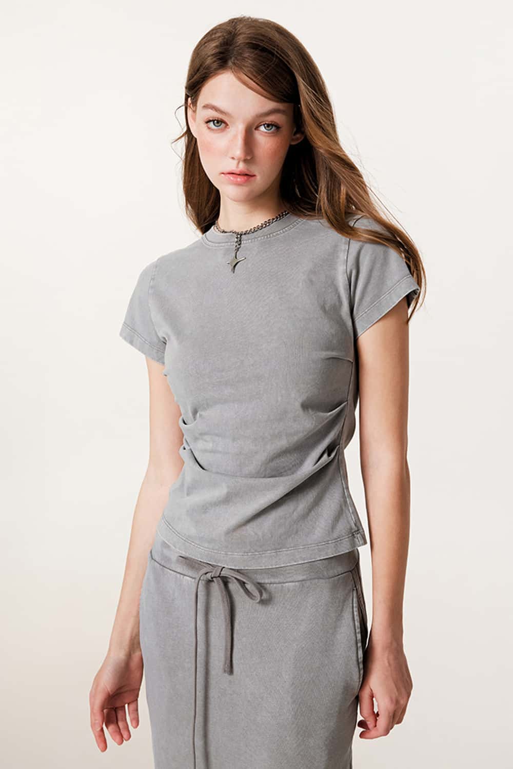 Ruched Waist Straight-Shoulder Washed Short Sleeve T-Shirt