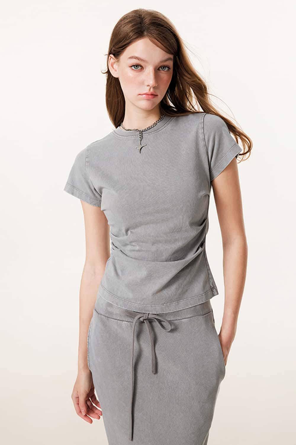 Ruched Waist Straight-Shoulder Washed Short Sleeve T-Shirt