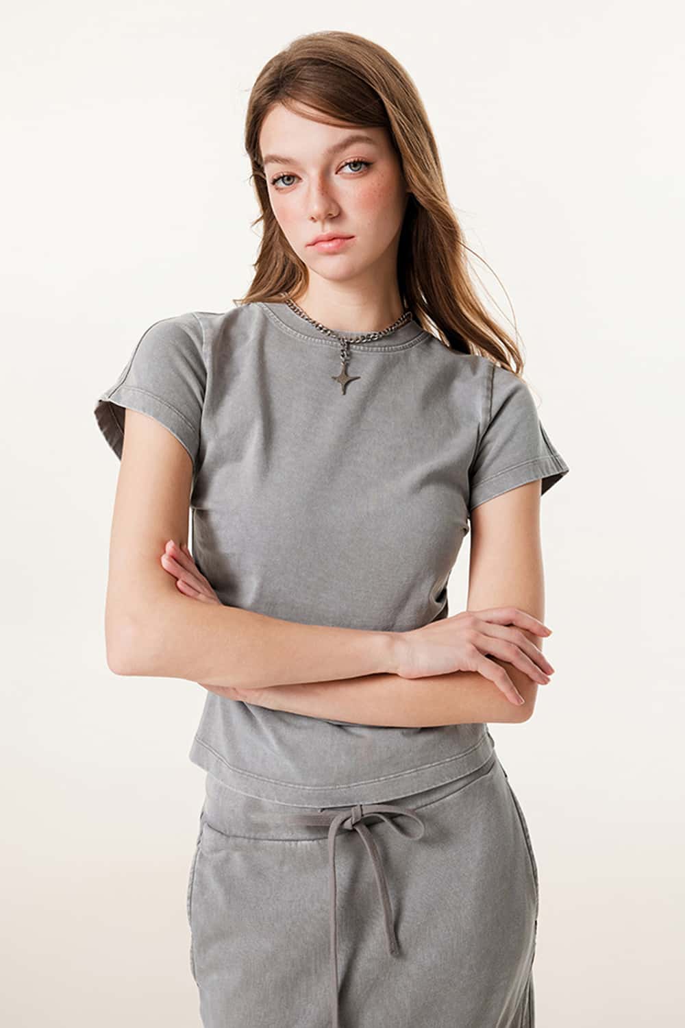 Ruched Waist Straight-Shoulder Washed Short Sleeve T-Shirt