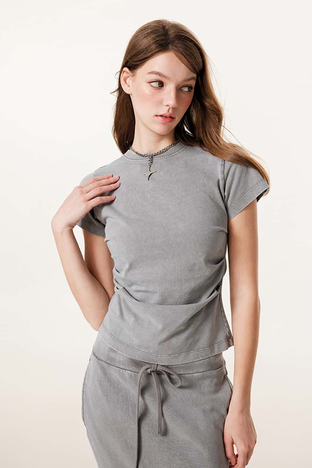 Ruched Waist Straight-Shoulder Washed Short Sleeve T-Shirt