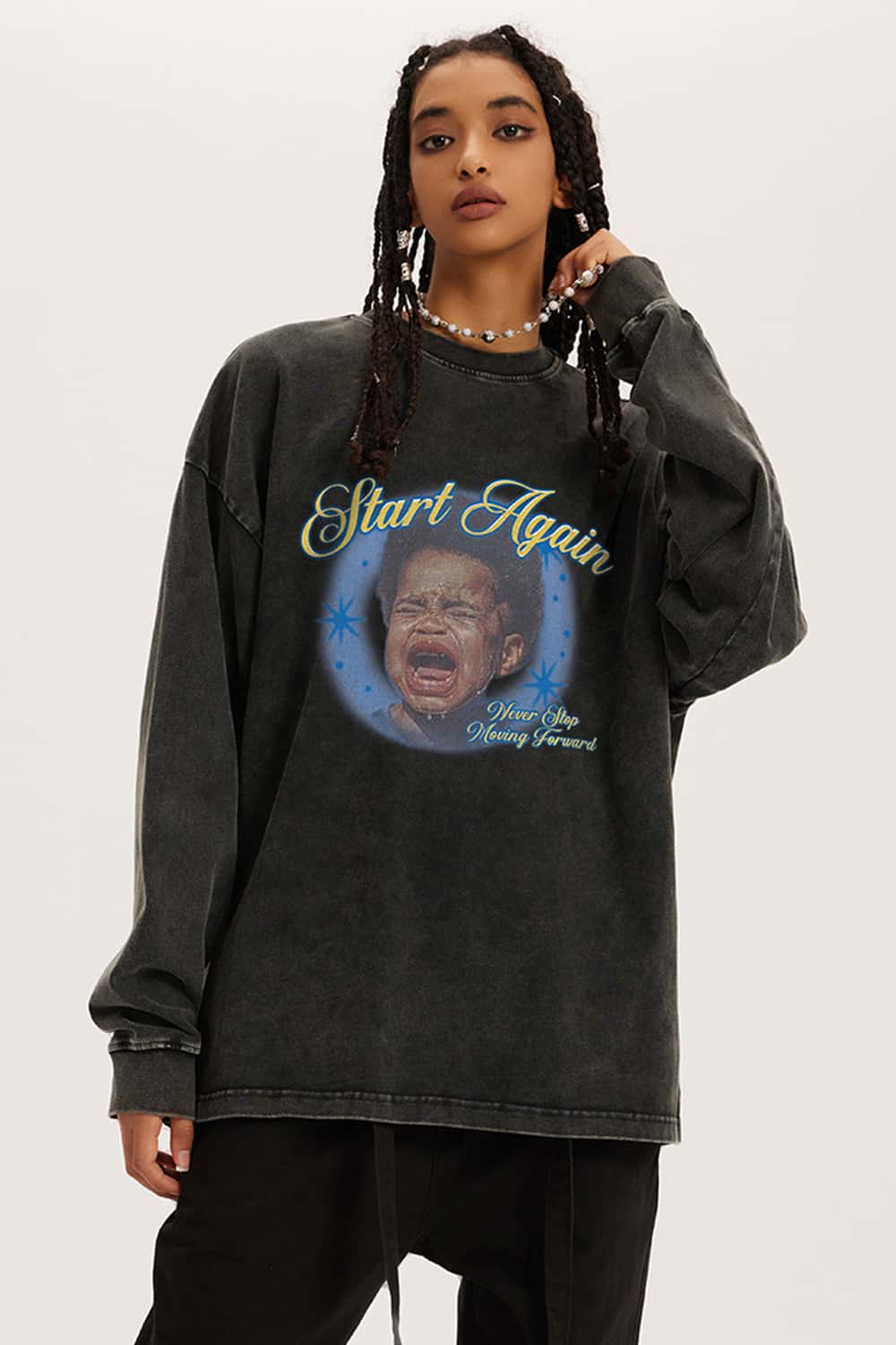 Graphic Washed Rock Style Long Sleeve T-Shirt