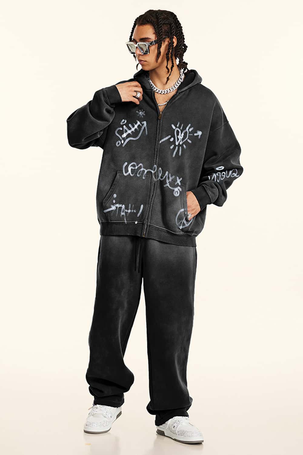 Graffiti Hand-Drawn All-Over Print Fleece Zip-Up Hoodie