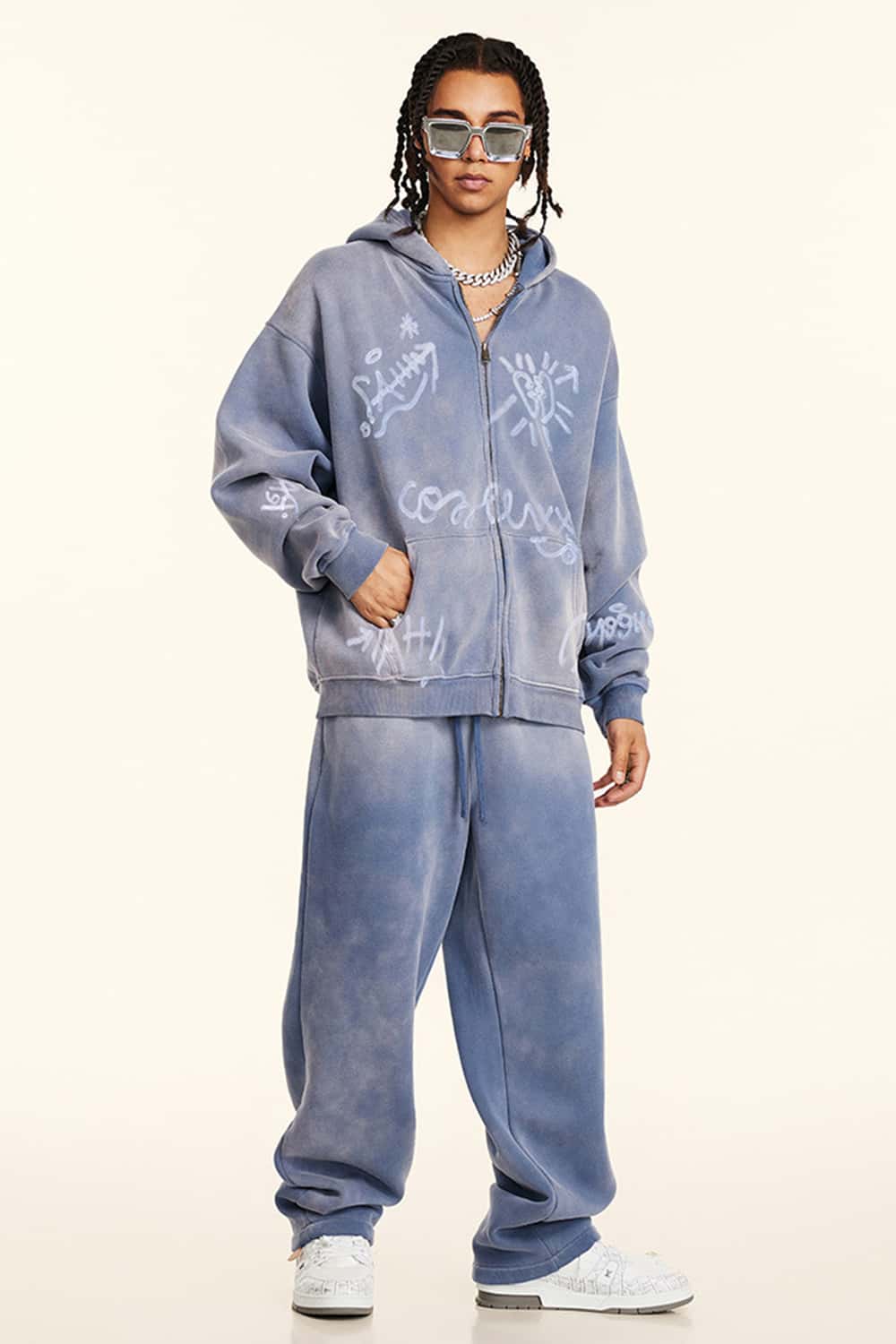 Graffiti Hand-Drawn All-Over Print Fleece Zip-Up Hoodie