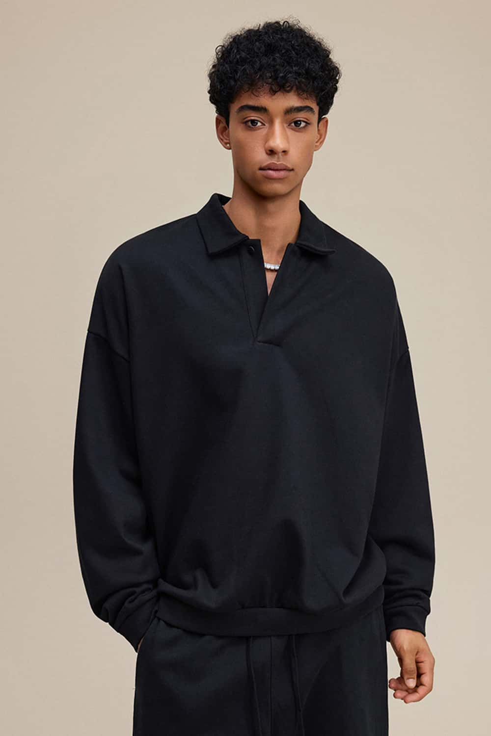 Solid Color Polo Collar Sweatshirt Pullover