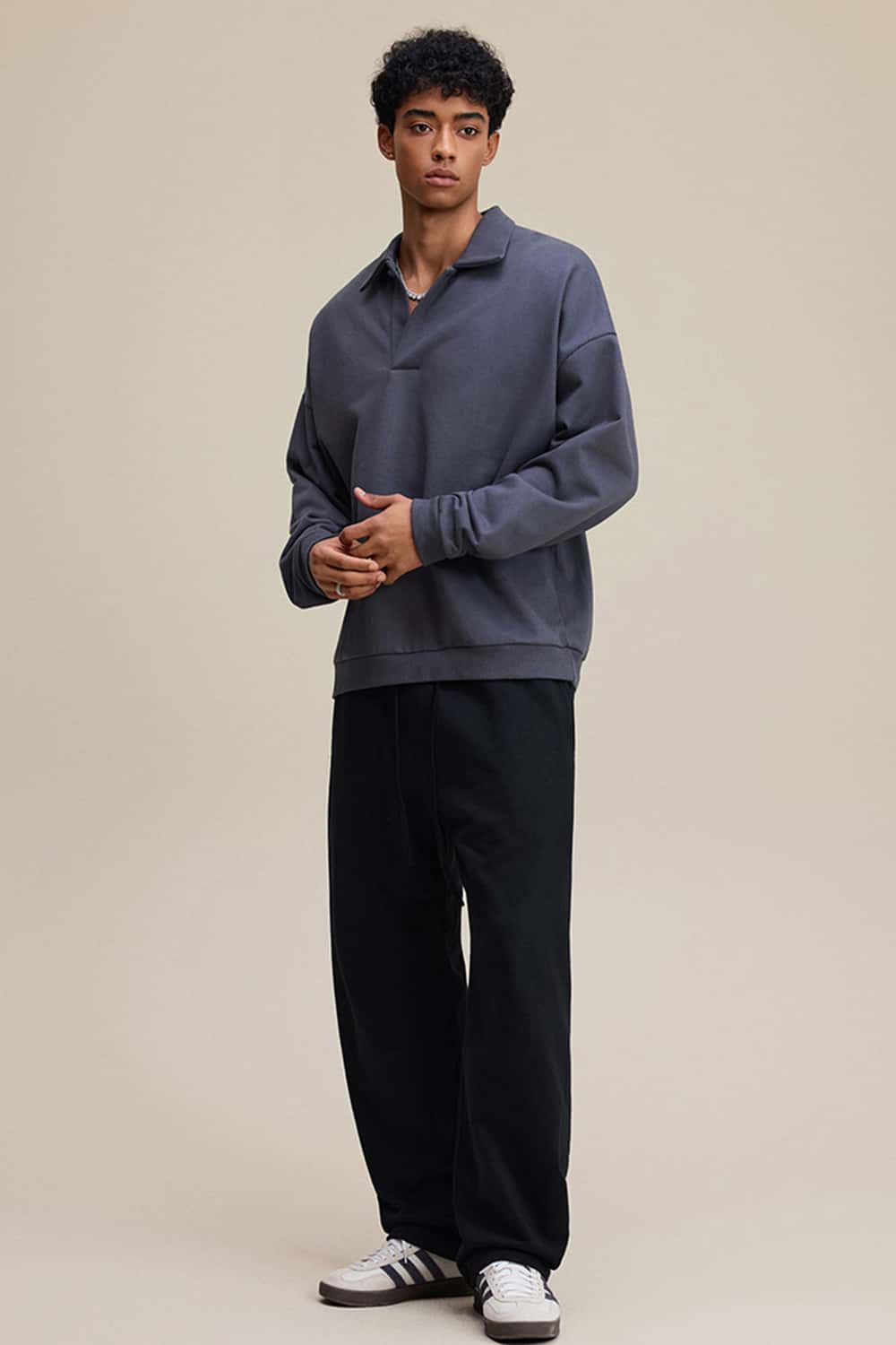 Solid Color Polo Collar Sweatshirt Pullover