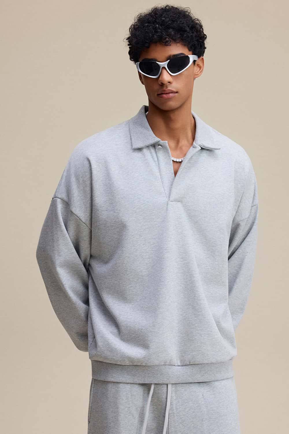 Solid Color Polo Collar Sweatshirt Pullover