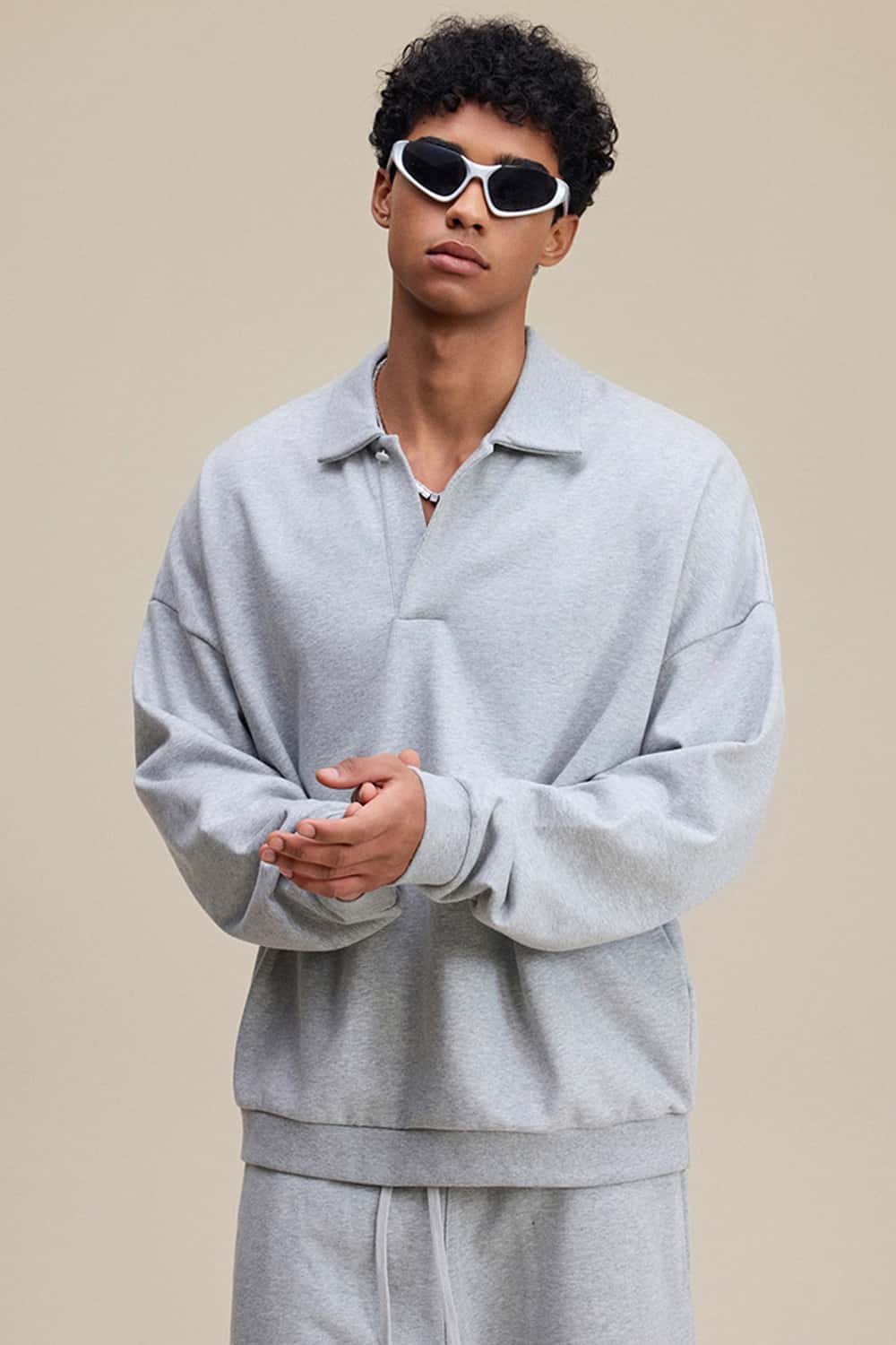 Solid Color Polo Collar Sweatshirt Pullover