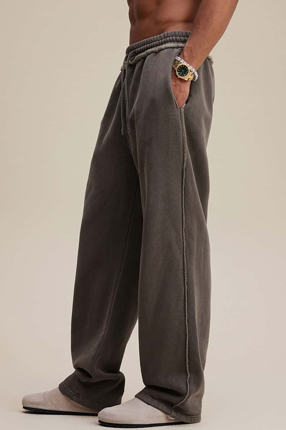 Washed Heavyweight Raw Edge Fleece Straight-Leg Pants