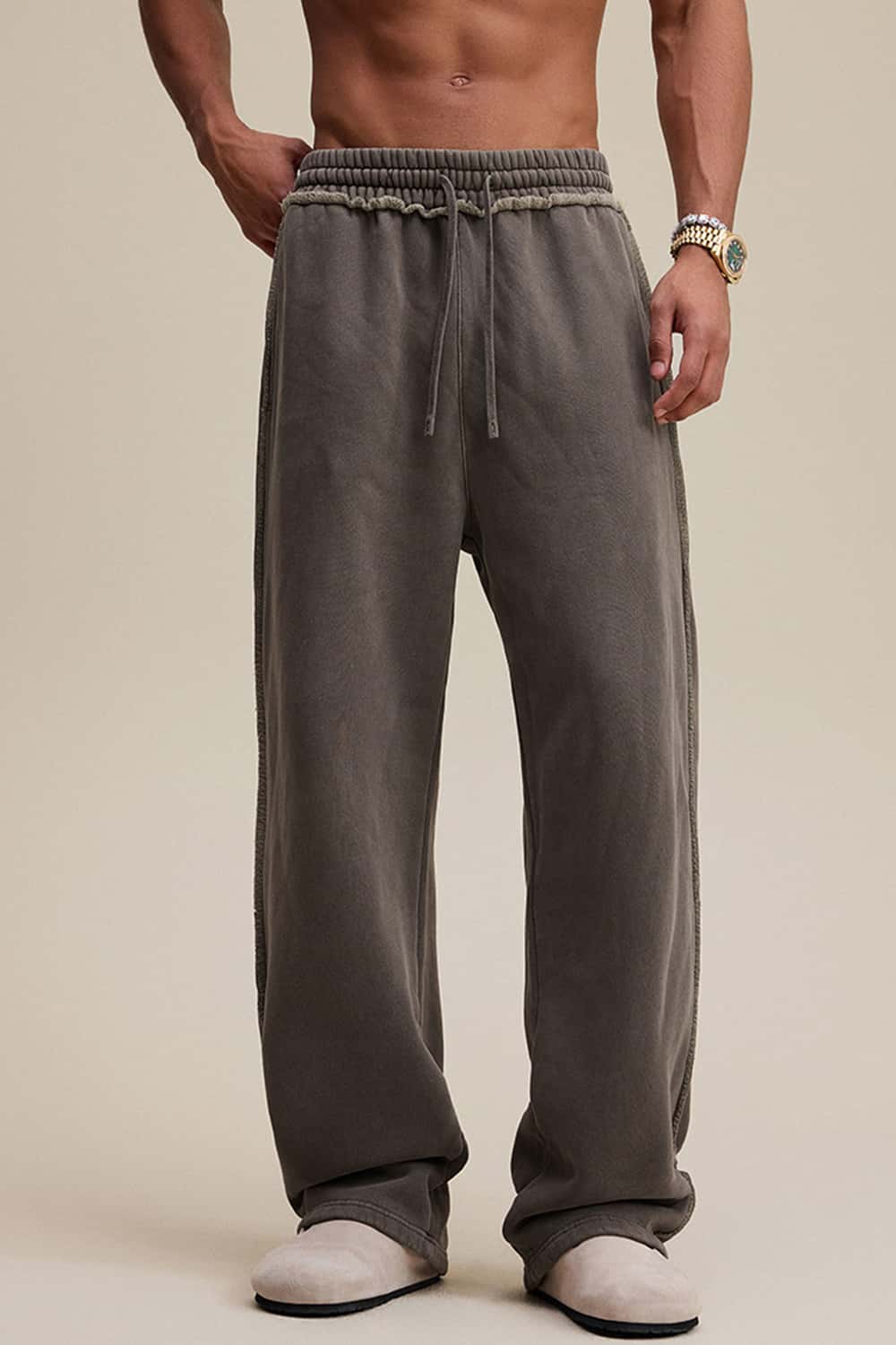 Washed Heavyweight Raw Edge Fleece Straight-Leg Pants