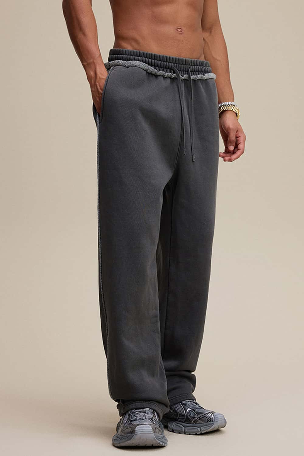 Washed Heavyweight Raw Edge Fleece Straight-Leg Pants
