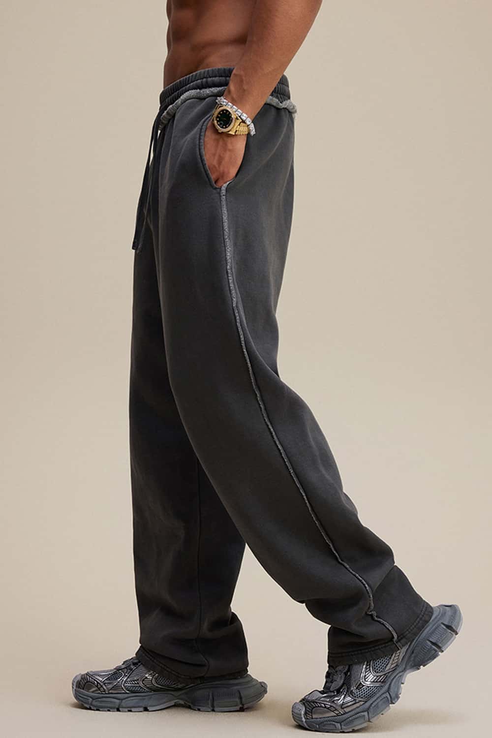 Washed Heavyweight Raw Edge Fleece Straight-Leg Pants