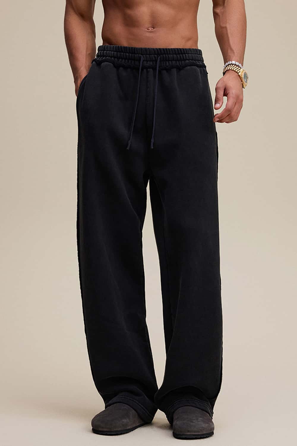 Washed Heavyweight Raw Edge Fleece Straight-Leg Pants