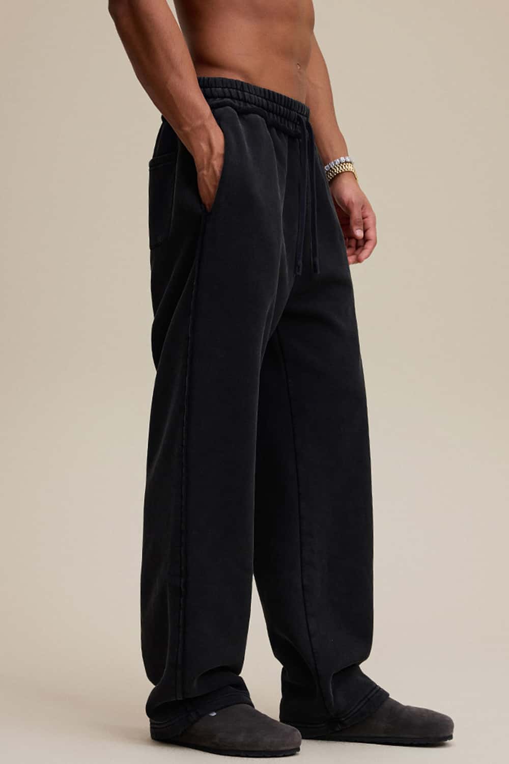 Washed Heavyweight Raw Edge Fleece Straight-Leg Pants