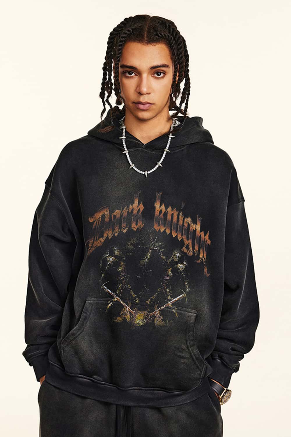 "Dark Knight" Washed Black Graphic Hoodie