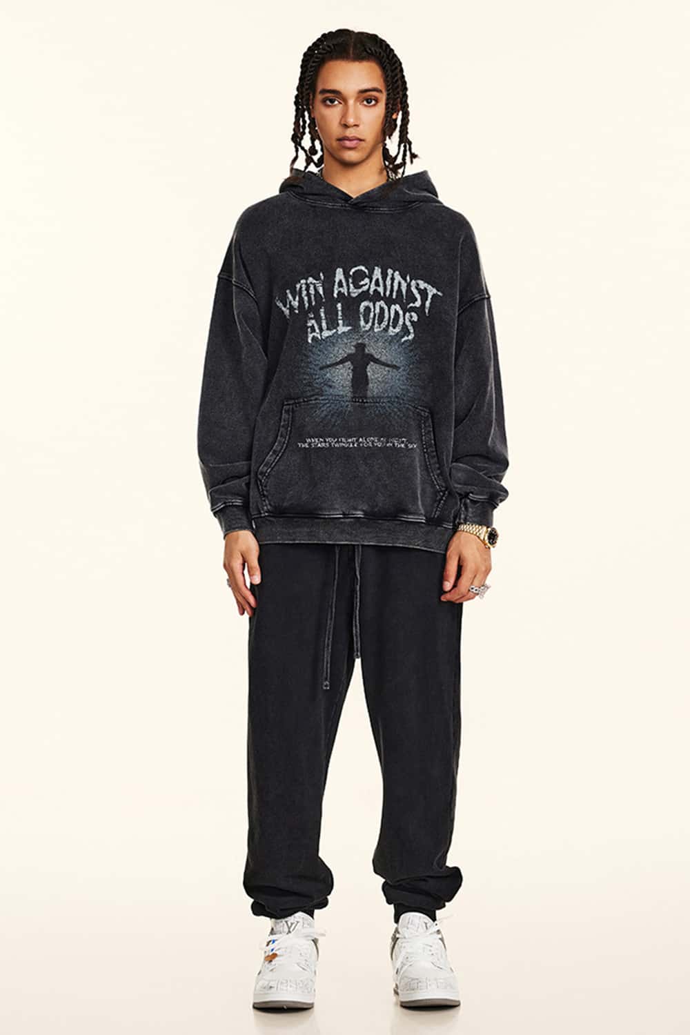Fleece-Lined Thick Washed Black Hoodie with Kangaroo Pocket
