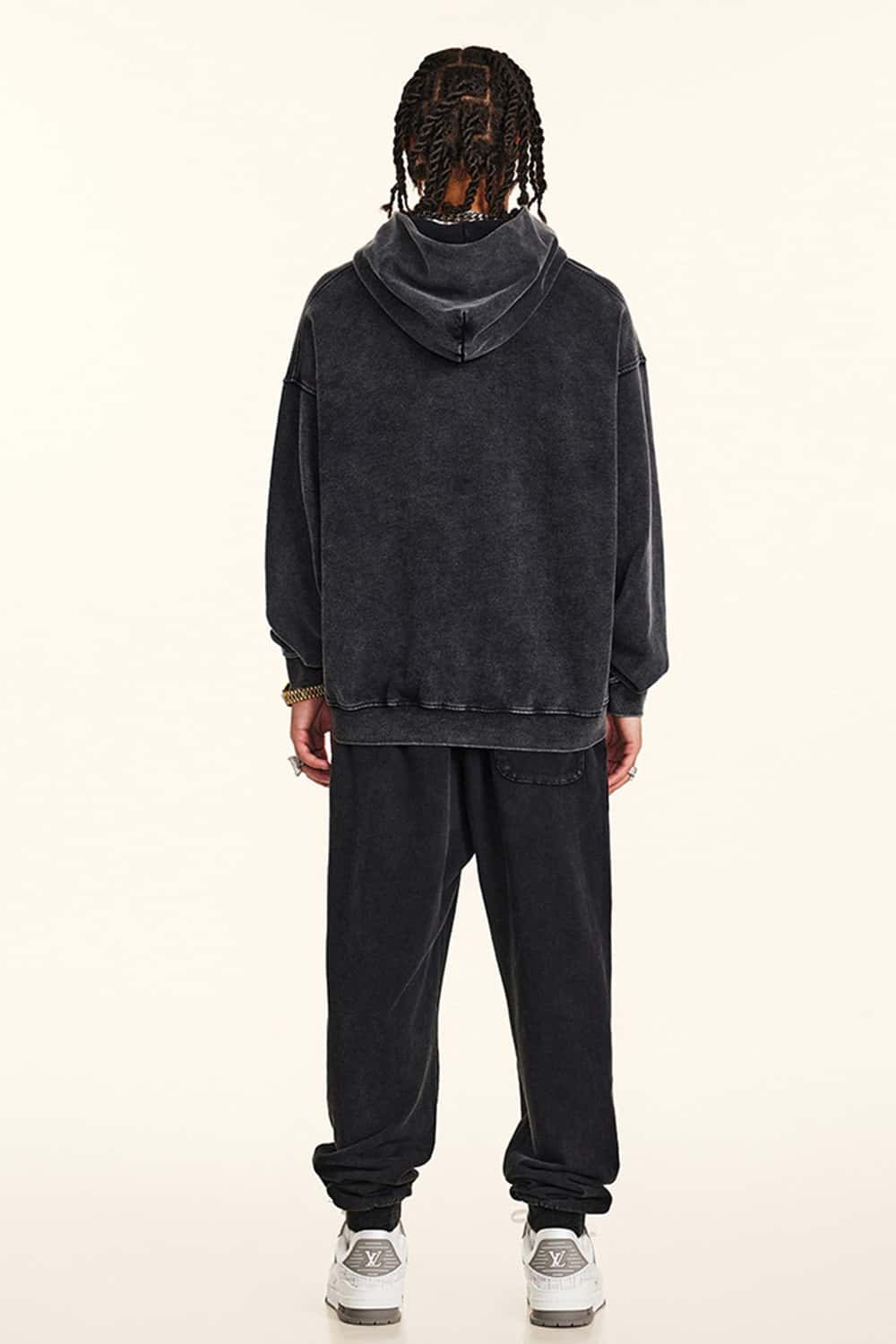 Fleece-Lined Thick Washed Black Hoodie with Kangaroo Pocket
