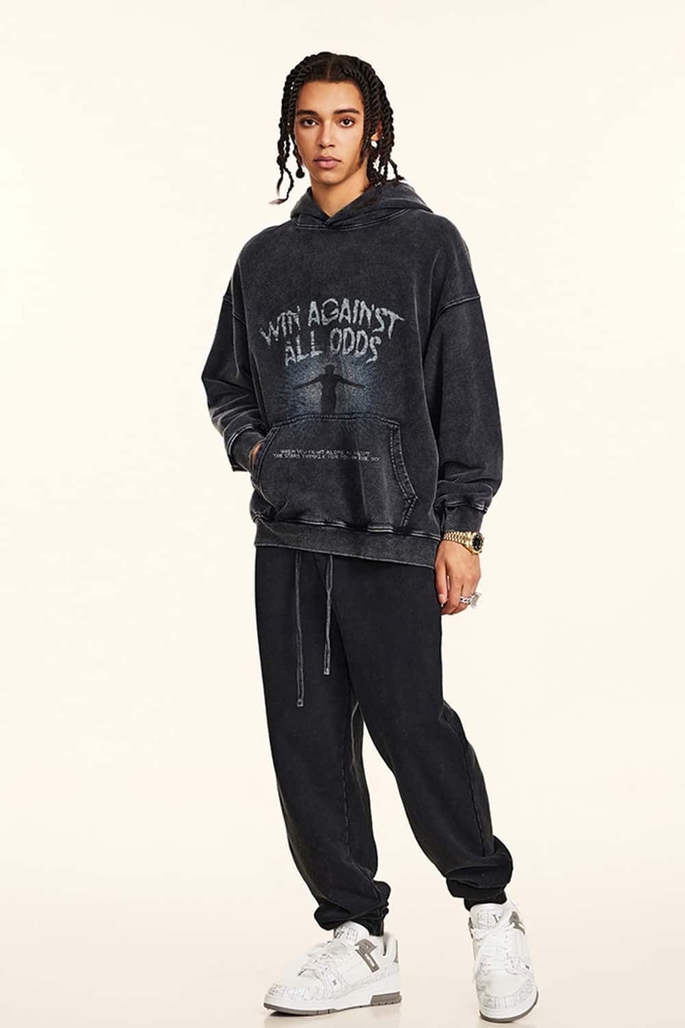Fleece-Lined Thick Washed Black Hoodie with Kangaroo Pocket