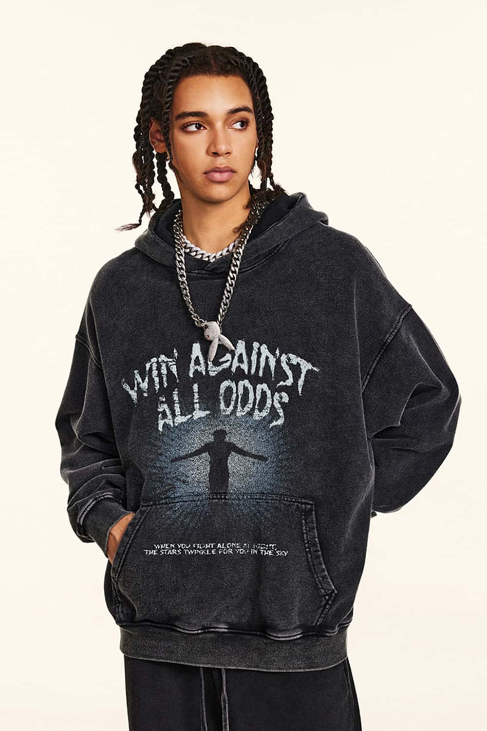 Fleece-Lined Thick Washed Black Hoodie with Kangaroo Pocket